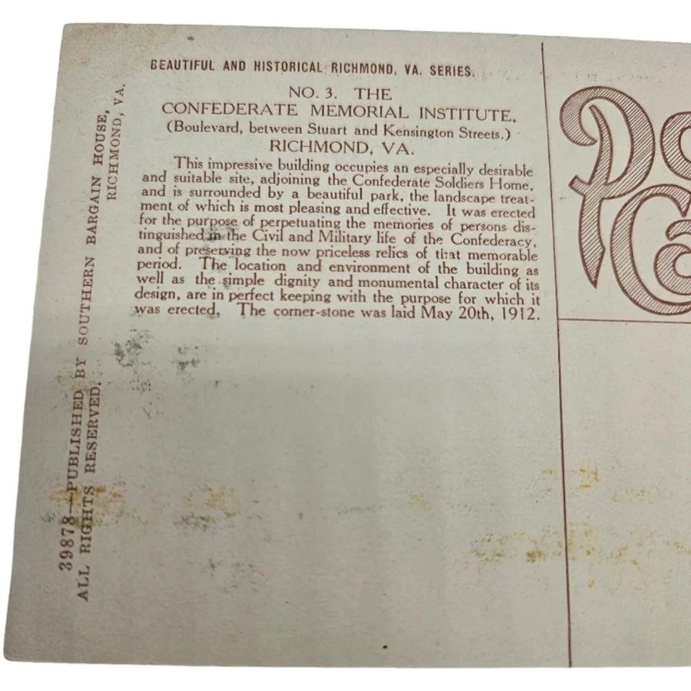 📬 Vintage Unused Postcard The Confederate Memorial Institute VA USÀ
